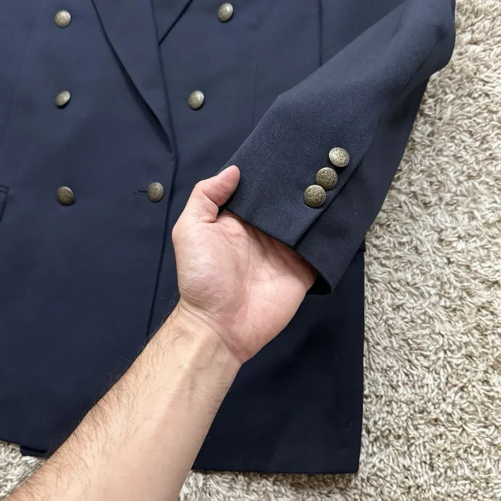 Vintage Oscar de la Renta Double Breasted 42R Navy Blue Wool Gold Button Blazer